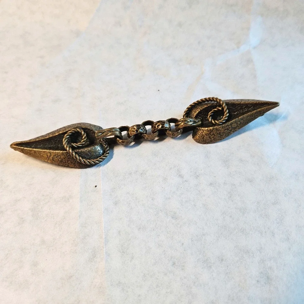Vtg Bronze Leaf Hammered Chain Cloak Jacket Clasp Fastener Clip Hook Handmade